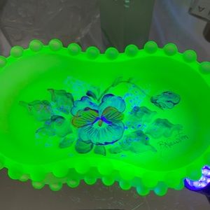 Vintage 1960’s uranium glass Chartreuse floral jewelry dish